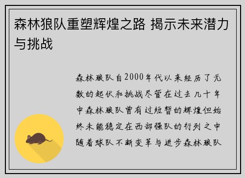 森林狼队重塑辉煌之路 揭示未来潜力与挑战